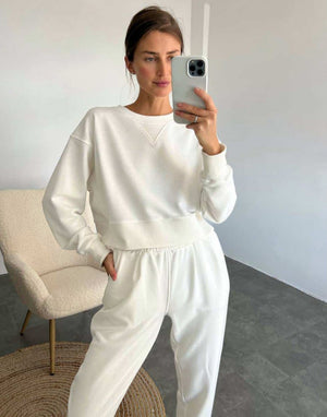 Pure Color Fashion Casual Long-Sleeved Suit Two-Piece Set Ivory