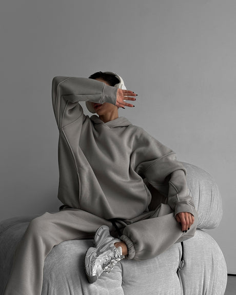 Pure Color Long-Sleeved Hooded Sweatshirt Women's Casual Pants Suit