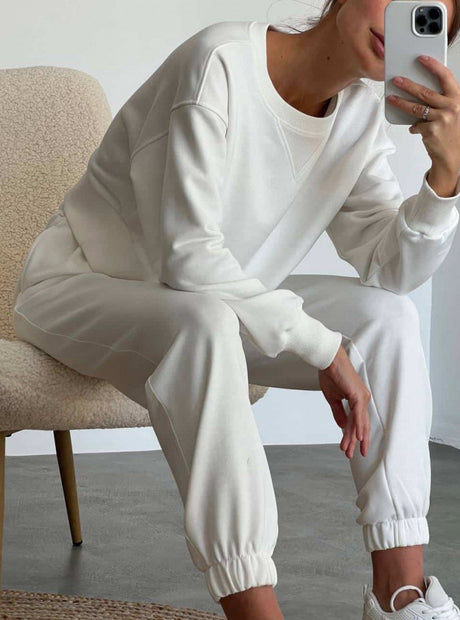 خالص رنگ فیشن آرام دہ اور پرسکون لمبی بازو سوٹ دو ٹکڑا سیٹ آئیوری