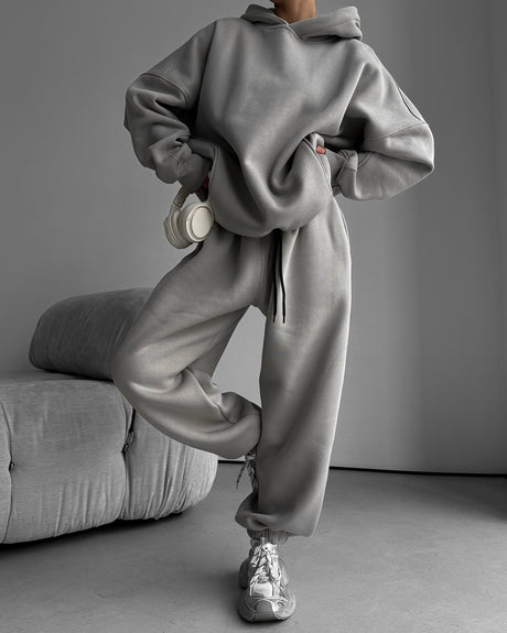 Pure Color Long-Sleeved Hooded Sweatshirt Women's Casual Pants Suit