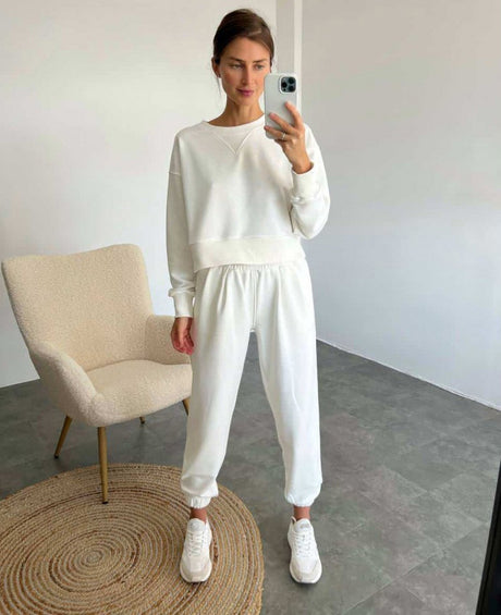 خالص رنگ فیشن آرام دہ اور پرسکون لمبی بازو سوٹ دو ٹکڑا سیٹ آئیوری