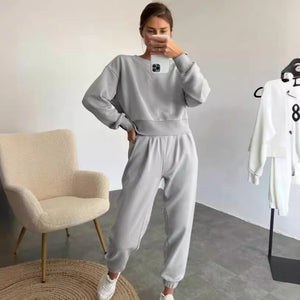 Pure Color Fashion Casual Long-Sleeved Suit Two-Piece Set Light gray