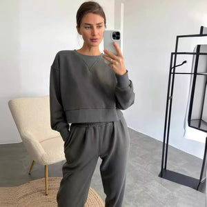 Pure Color Fashion Casual Long-Sleeved Suit Two-Piece Set Battleship Ash