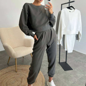 Pure Color Fashion Casual Long-Sleeved Suit Two-Piece Set Battleship Ash