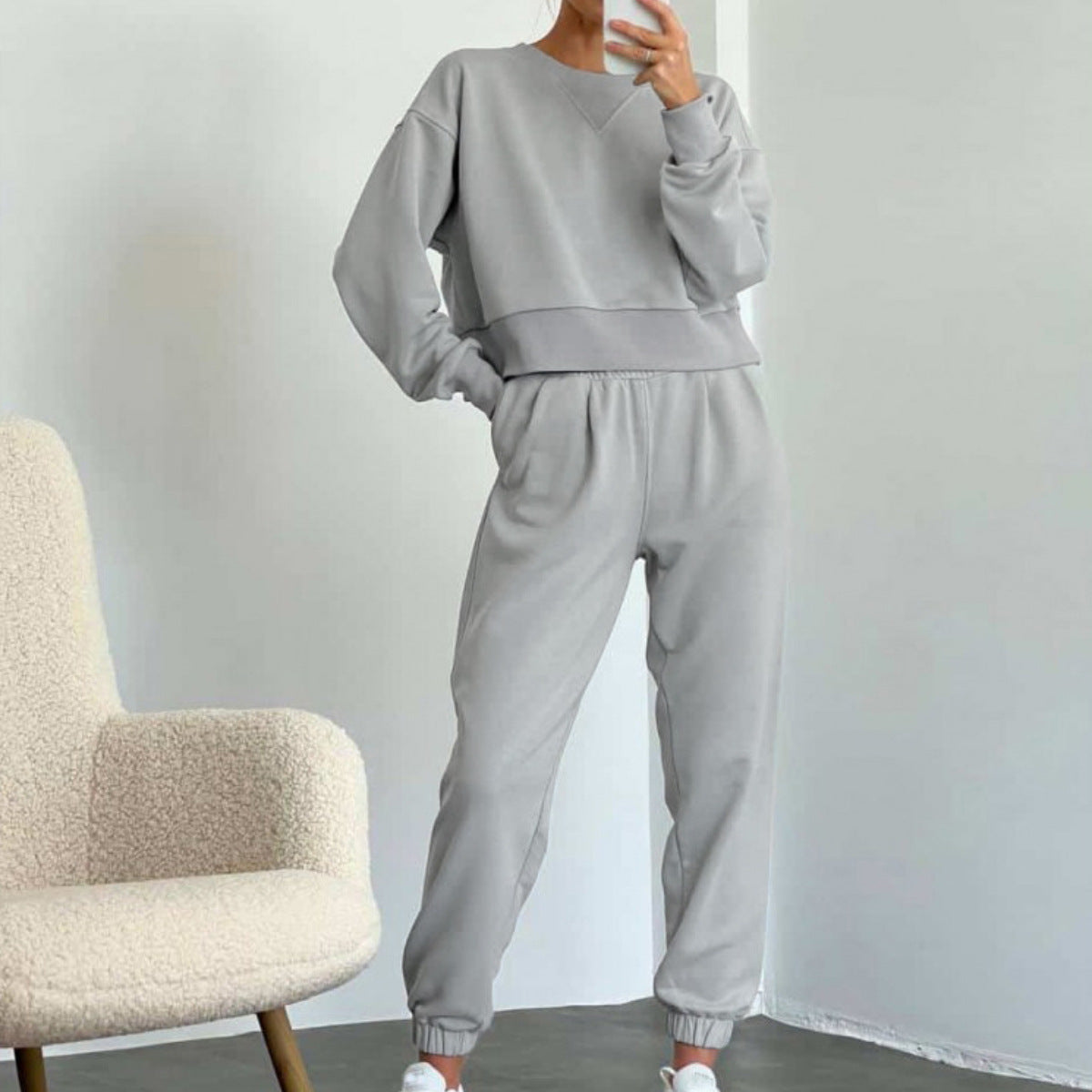 Pure Color Fashion Casual Long-Sleeved Suit Two-Piece Set Light gray