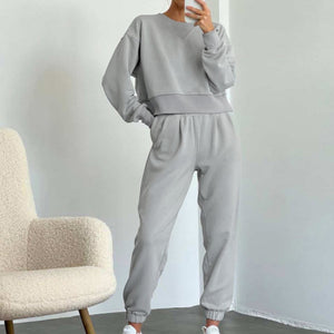 Pure Color Fashion Casual Long-Sleeved Suit Two-Piece Set Light gray