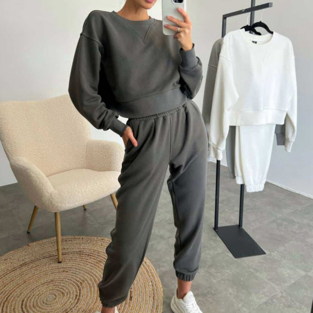 Pure Color Fashion Casual Long-Sleeved Suit Two-Piece Set Battleship Ash