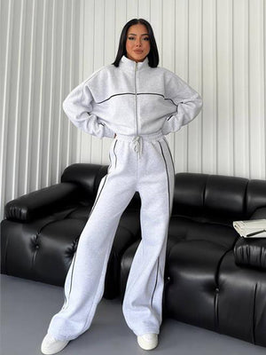 Casual Suit Long-Sleeved Half Turtleneck Cardigan Sweatshirt Lace-Up Striped Pants