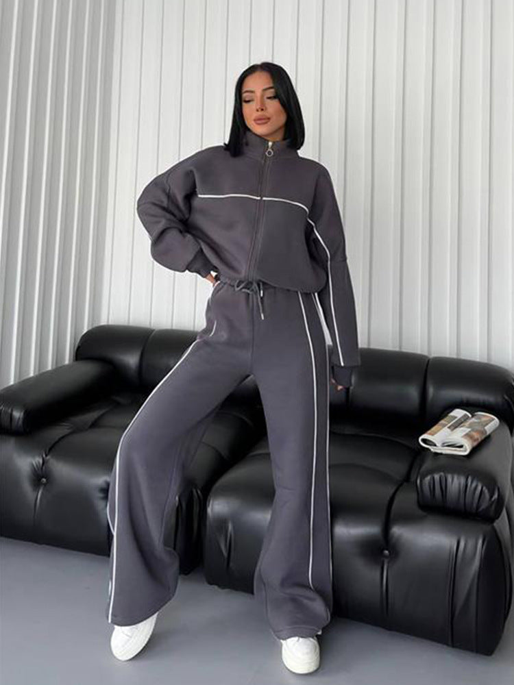 Casual Suit Long-Sleeved Half Turtleneck Cardigan Sweatshirt Lace-Up Striped Pants