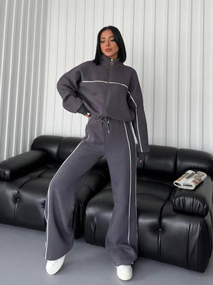 Casual Suit Long-Sleeved Half Turtleneck Cardigan Sweatshirt Lace-Up Striped Pants